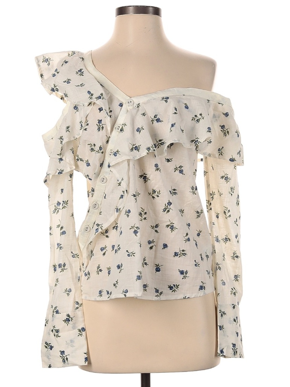 PAIGE Floral Off-Shoulder Ruffle Blouse - Cream with Blue Floral Pattern
